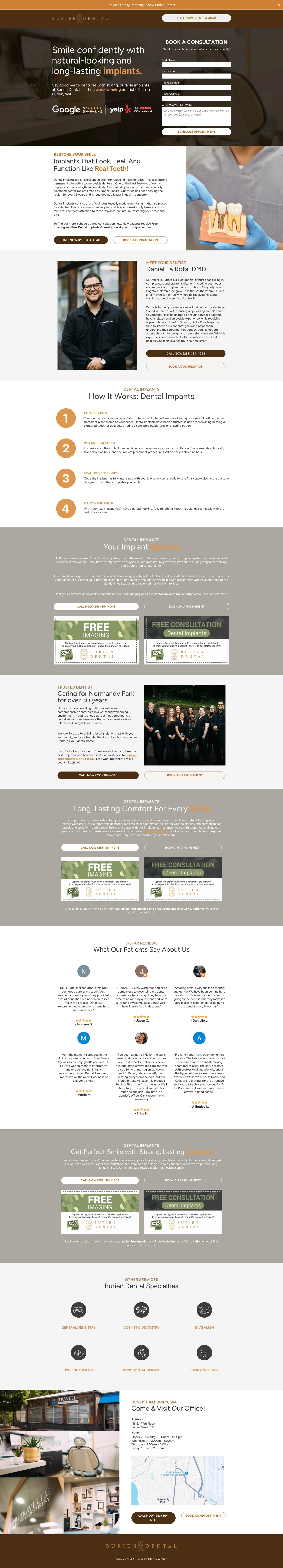 Dental Landing Page Example: Burien Dental dental implant landing page, full-page screenshot (preview, click for the full-size screenshot)