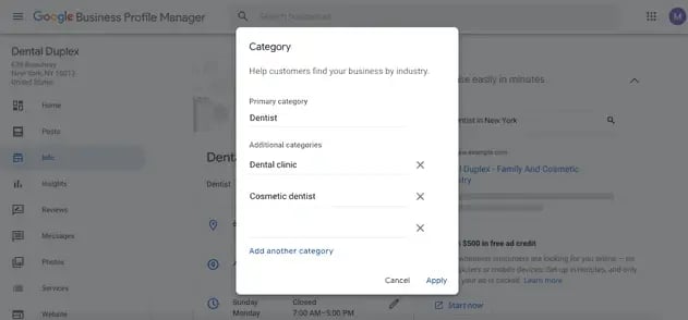Google Business Profile category settings with Dentist as the primary category and Dental clinic and Cosmetic dentist as additional categories