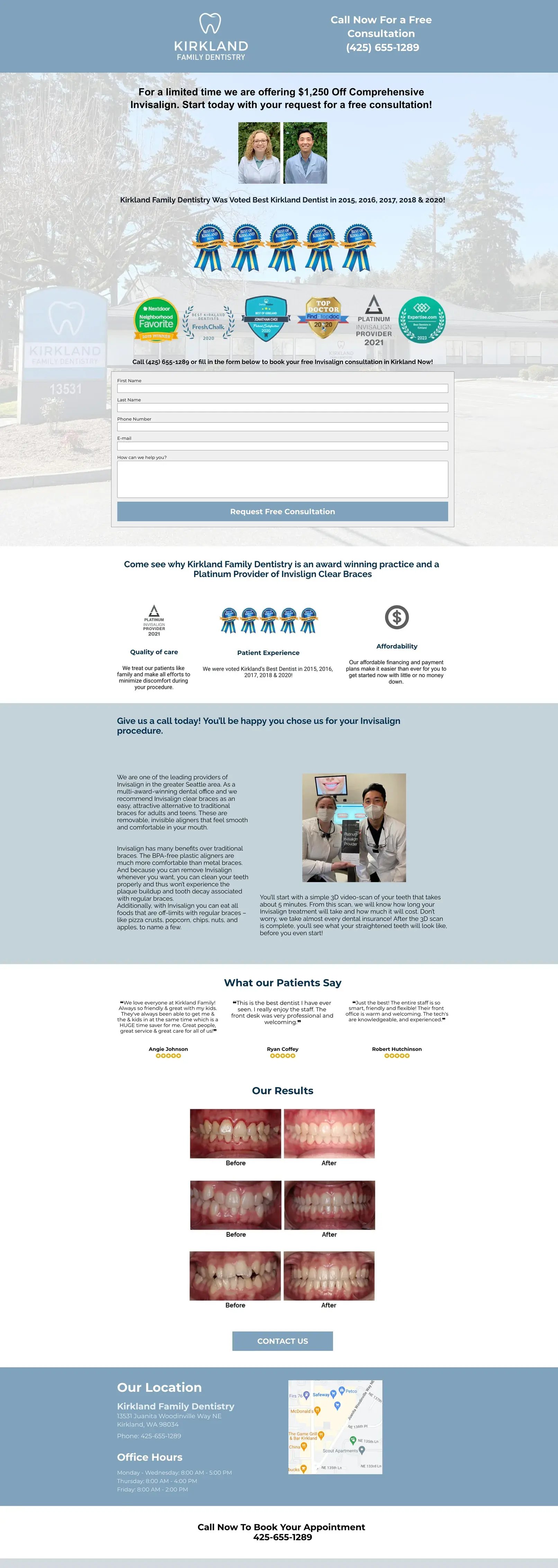 Dental Landing Page Example: Kirkland Family Dentistry Invisalign landing page, full-page screenshot (preview, click for the full-size screenshot)
