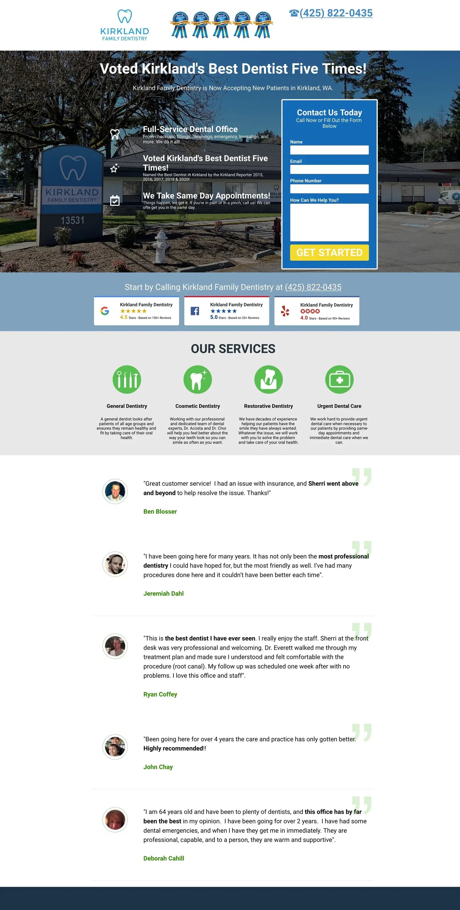 Dental Landing Page Example: Kirkland Family Dentistry Landing Page (preview, click for the full-size screenshot)