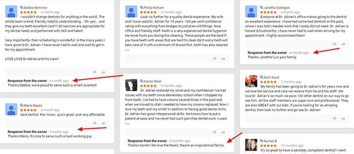 dentist's response to positive reviews