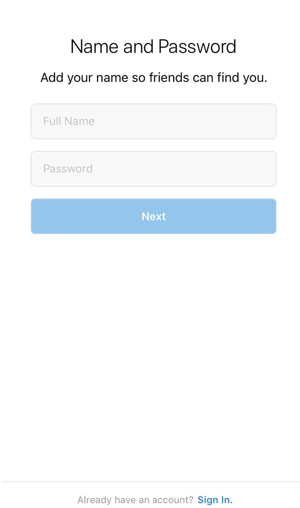 Instagram name and password screen