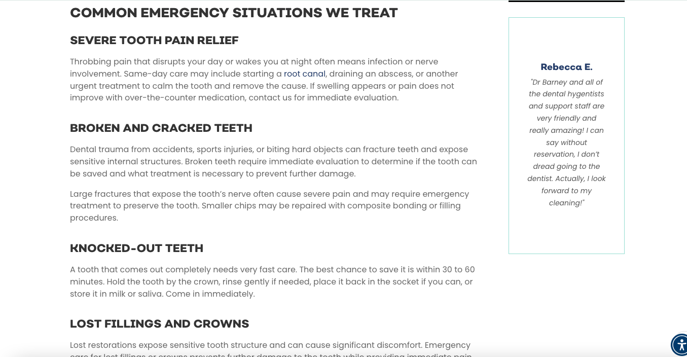 Dental emergency webpage listing common conditions treated, including tooth pain, broken teeth, knocked-out teeth, and lost fillings, with a patient testimonial sidebar.
