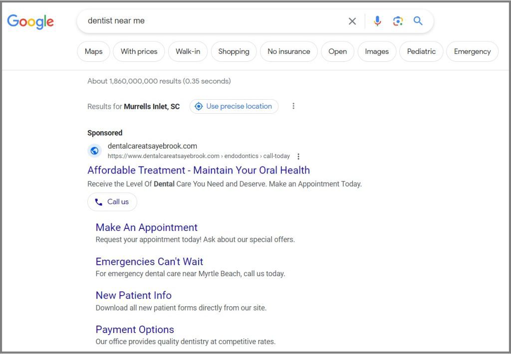 Example of a dental Google Ads keyword used in an ad campaign.