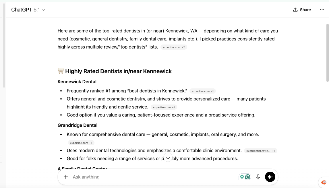 illustration of how an AI system responds to a local dental query and highlights nearby practices