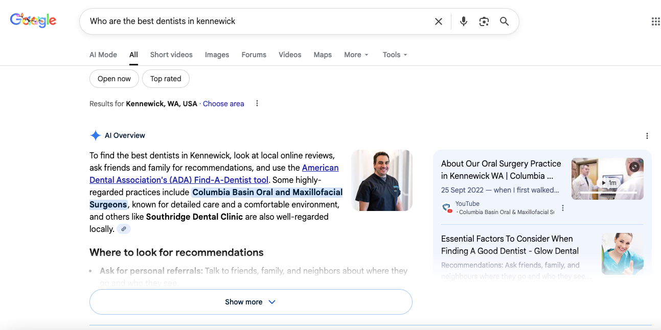 Image of how Google’s AI Overview presents recommendations for a local dental search.