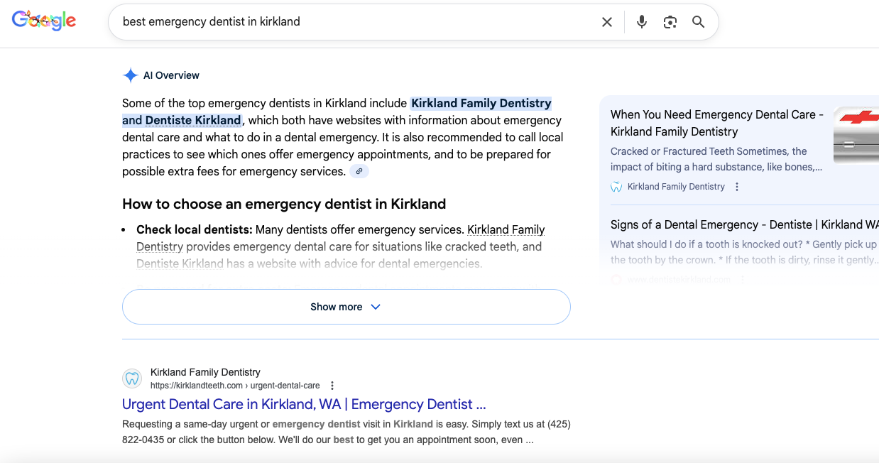 Google AI overview respose to "best emergency dentist in kirkland"
