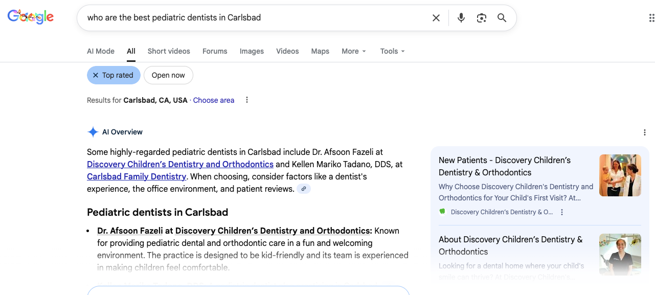 The image below shows a Google AI Overview result for the query “who are the best pediatric dentists in Carlsbad.” It demonstrates how the strategies outlined in our case study improved the practice’s visibility in AI-driven search.