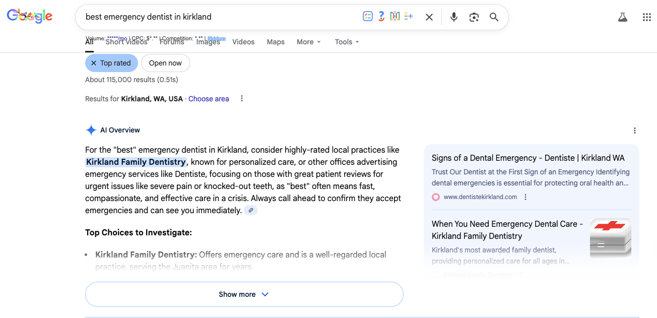 Google AI Overview showing local emergency dentist recommendations for Kirkland, Washington, including Kirkland Family Dentistry
