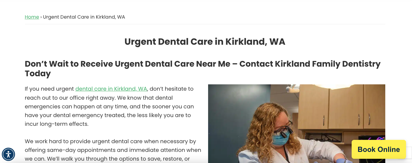 Screenshot of a dental practice website page titled “Urgent Dental Care in Kirkland, WA,” showing a headline about urgent dental care, descriptive text on same-day emergency dental services