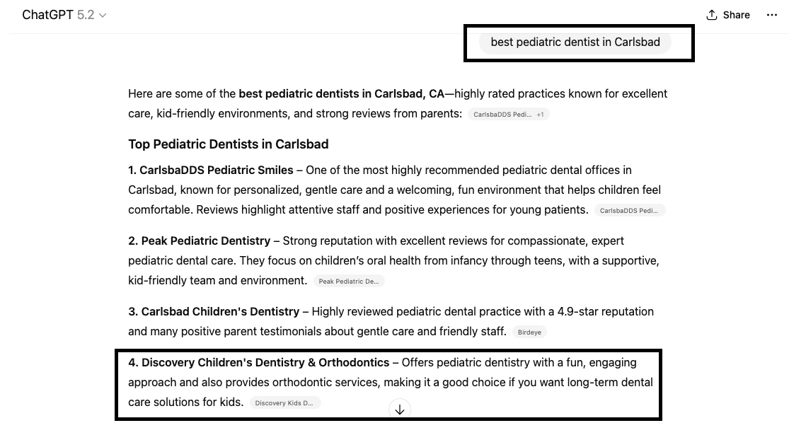 Screenshot of ChatGPT showing search results for “best pediatric dentist in Carlsbad,” with one dentist listing highlighted.