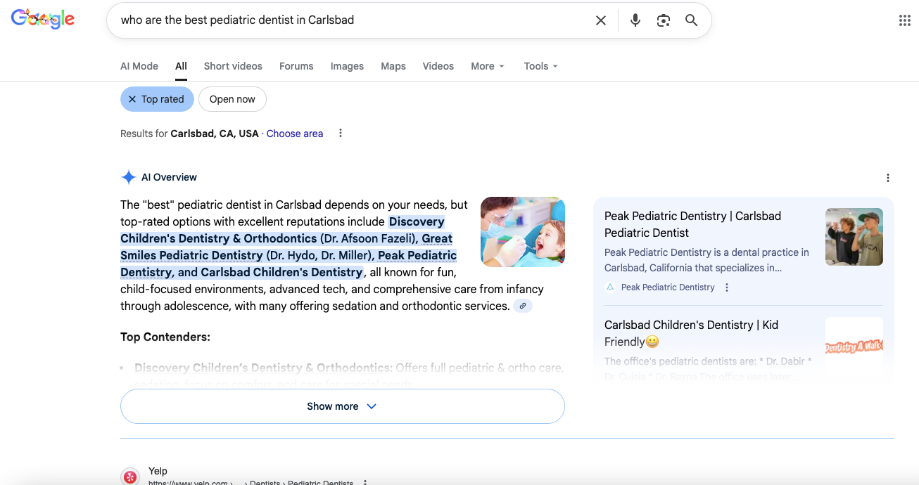 Google search results page showing an AI overview for “best pediatric dentist in Carlsbad,” listing top-rated pediatric dental practices.