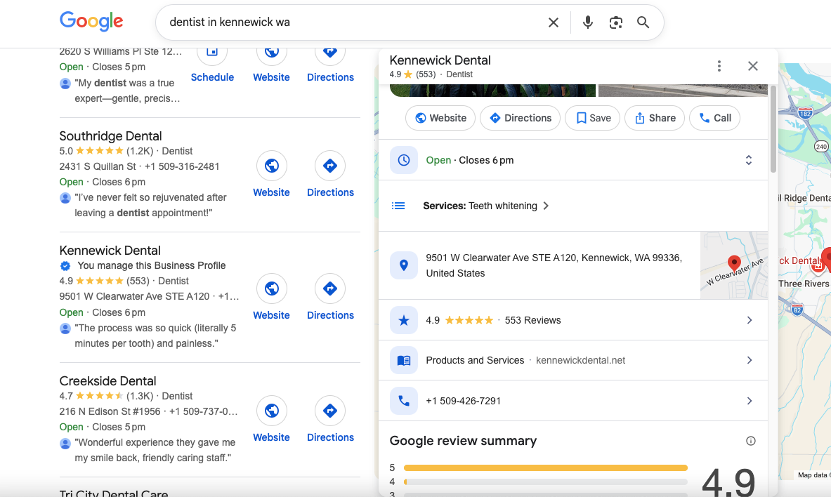 An image showing Kennewick Dental Google Business Profile, which shows the location and services.