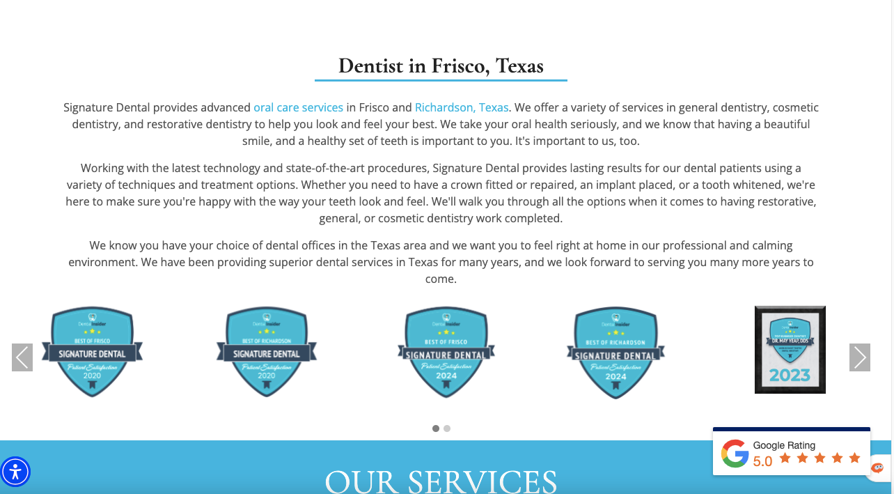 An image showing Signature Dental location page descign.