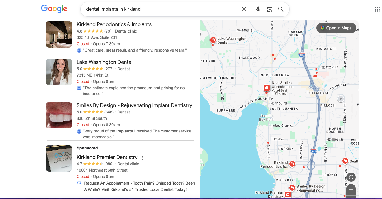 local map results for the search “dental implants in Kirkland.”
